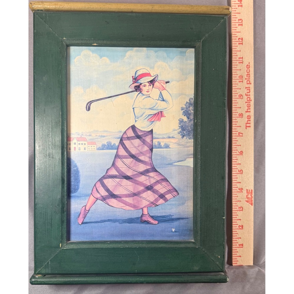 Vintage Wood Key Cabinet Box Wall Mount Lady Golfer Art Green 8 Hook Organizer
